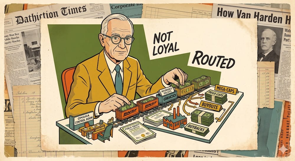 Warren Buffett en un escritorio chico en Omaha, dirigiendo trencitos de dinero y contratos de seguro de juguete con las marcas BNSF y GEICO hacia diferentes opciones de inversión.