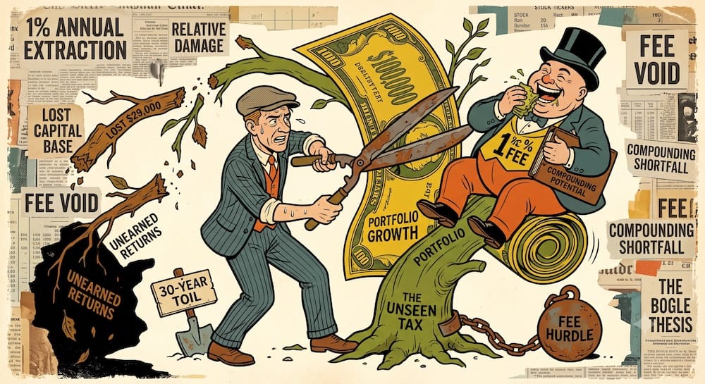 La Hipotesis de John Bogle sobre la importancia de los costos y la brecha en el patrimonio final tras treinta anos Impacto de una comision anual del uno por ciento: una caricatura muestra a un inversor trabajando junto a una pala marcada como 30-YEAR TOIL mientras corta una rama de crecimiento de cartera.