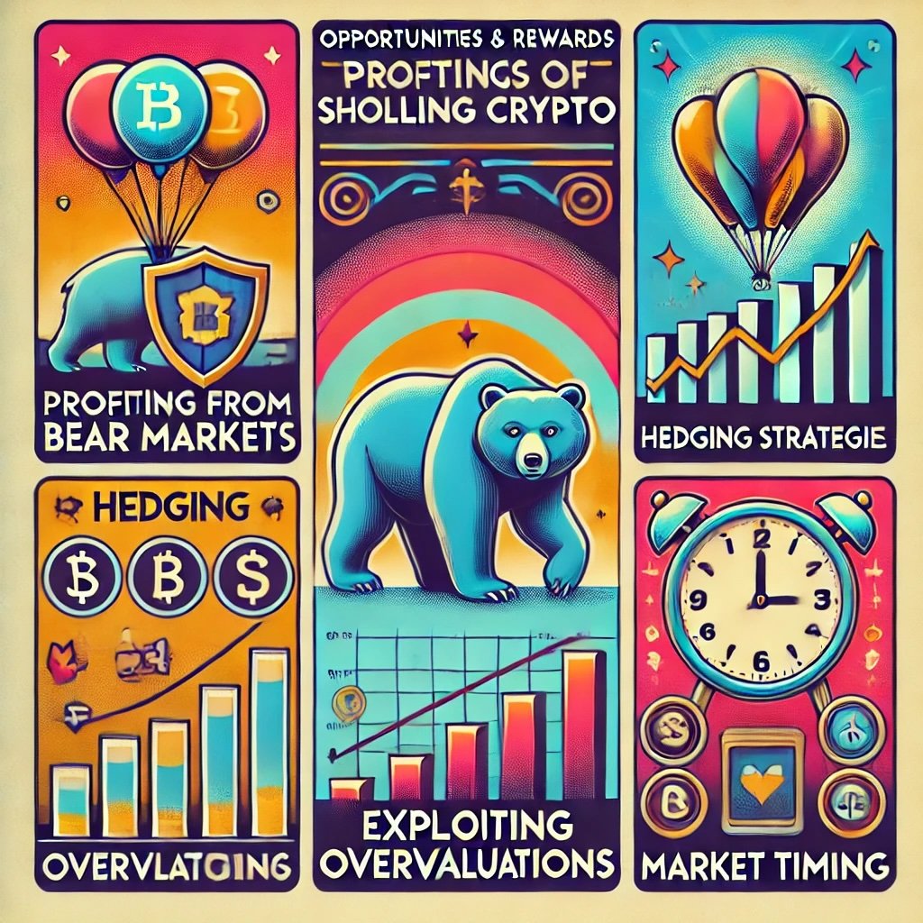 Opportunities and Rewards of Short Selling Crypto showcasing elements like bear markets, hedging strategies, overvaluation exploitation, and market timing. The vibrant retro-fade aesthetic captures the dynamic and risky nature of crypto trading while conveying the core concepts visually. 