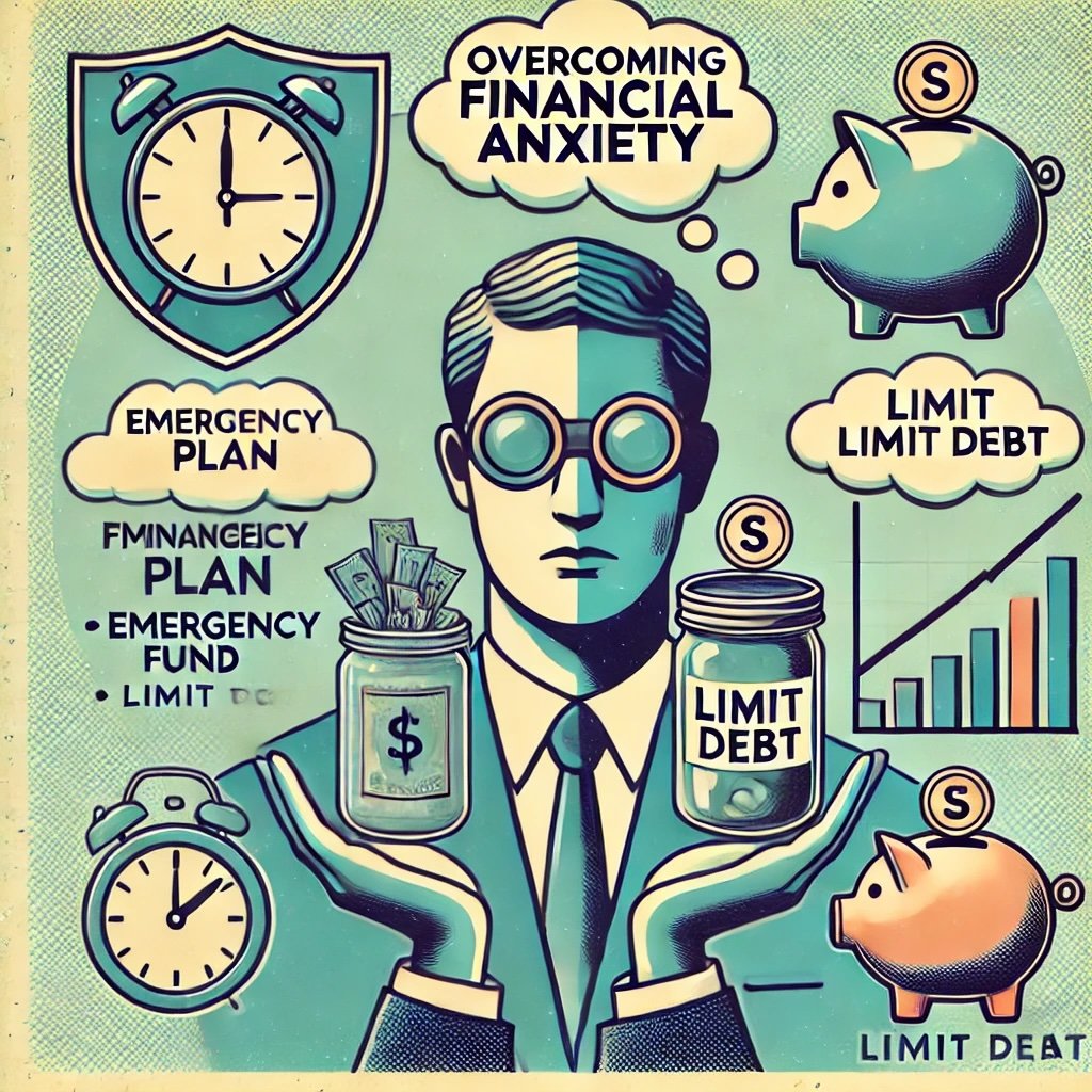 Overcoming Financial Anxiety features a calm figure holding a financial plan, an emergency fund jar, and a shield labeled Limit Debt