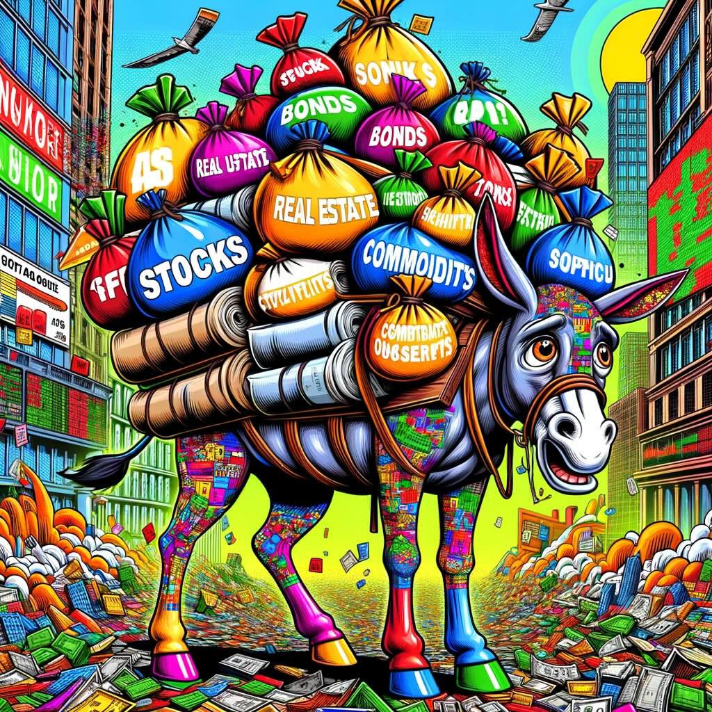 Pack Mule Portfolio" image, which humorously visualizes a heavily diversified investment strategy. The scene features a colorful and cartoonish pack mule, overloaded with an assortment of investment instruments, embodying the complexity and effort of managing a diversified portfolio in a light-hearted manner.