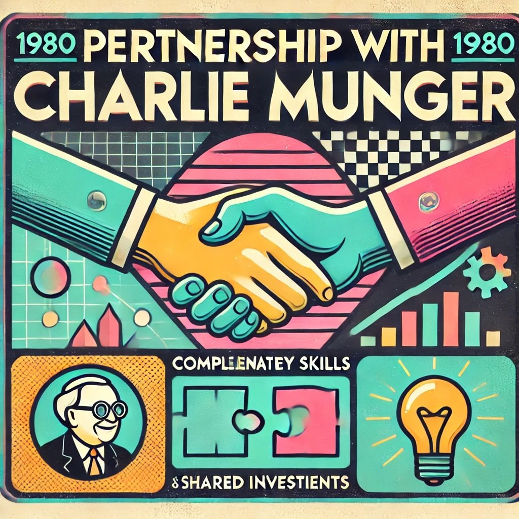 Partnership with Charlie Munger featuring icons like a handshake for their partnership, overlapping puzzle pieces for complementary skills and lightbulb for shared investment insights