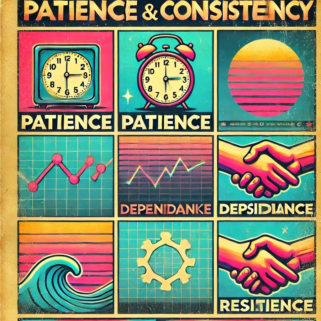 Patience and Consistency icons a clock for patience a handshake for dependability and calm waves importance of consistent patient behavior in building enduring relationships