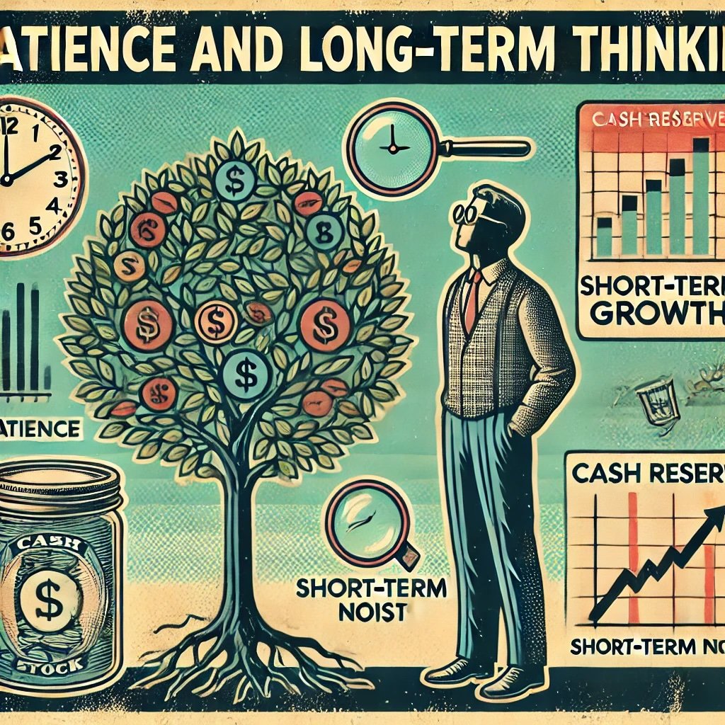 Patience and Long-Term Thinking portrays a figure standing by a tree labeled Decades of Growth symbolizing sustainable progress over time