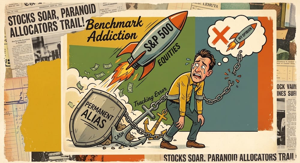 Permanent Portfolio behavioral failure: tracking error envy A distressed DIY investor caricatured, shackled to unmoving 'CASH' and 'GOLD' anchors, while a powerful 'S&P 500' rocket ship roars past him in the background.