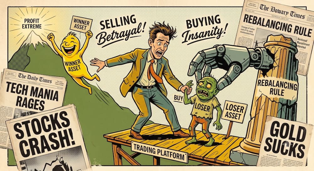 Rebalancing Is Emotionally Disgusting: The Psychology of Selling the Winner and Buying the Loser A distressed male investor caricature recoiling in disgust as a huge mechanical hand labeled 'REBALANCING RULE' forces him to 'BUY' a green 'LOSER' creature holding a 'LOSER ASSET' sign. To his left, he releases a cheering 'WINNER' creature, expressing 'SELLING Betrayal!'. Behind him are towering, clean newspaper collage elements with headlines 'TECH MANIA RAGES' and 'STOCKS CRASH!', isolating the central action.