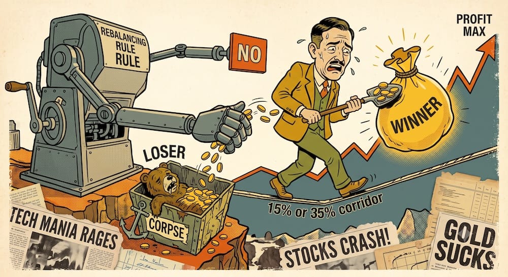 Investor Rebalancing Psychology: The Emotional Agony of Selling Winners and Buying Losers A distressed investor character visibly nauseous as he is forced to execute a 'buy the corpse' trade. He uses a mechanical rule shovel to scoop gold coins from a triumphant sack labeled 'Winner' (representing a 35% corridor breakout) into a small container labeled 'Loser' which holds a decaying figure.