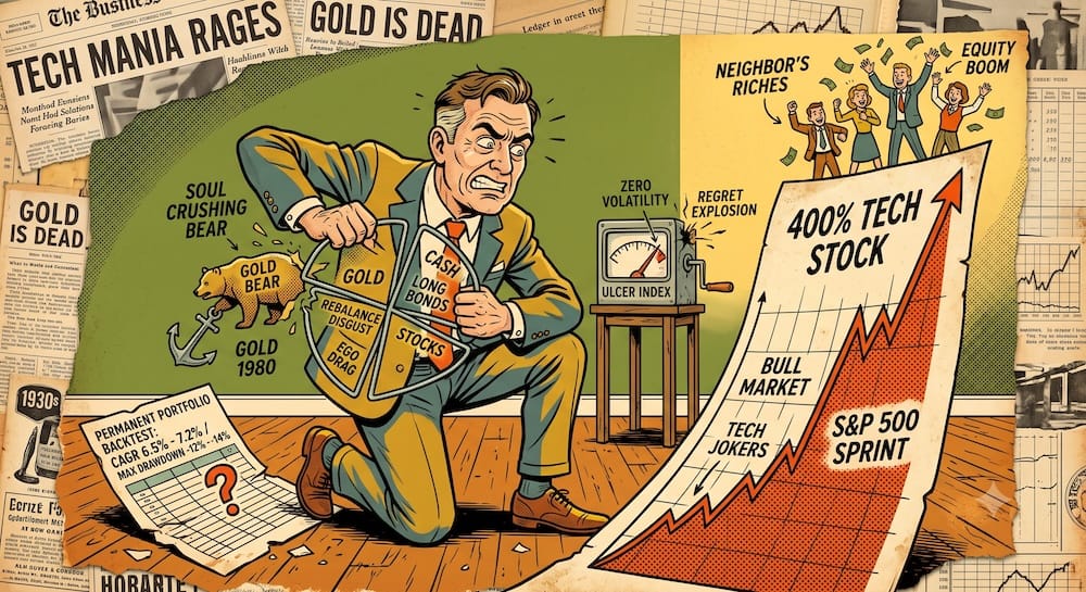 Harry Browne’s Permanent Portfolio: Why Low Volatility Backtests Create Severe Tracking Error Regret in Lived Portfolios An angry investor kneeling, struggling to rebalance a physical four-quadrant portfolio pie, breaking a segment labeled 'Gold' with a gold bear and anchor emerging. To his right, an 'Ulcer Index' meter reading 'ZERO VOLATILITY' has 'REGRET EXPLOSION' bursting out. In the background, people celebrate 'NEIGHBOR'S RICHES' atop a steep chart labeled '400% TECH STOCK' and 'S&P 500 Sprint'.