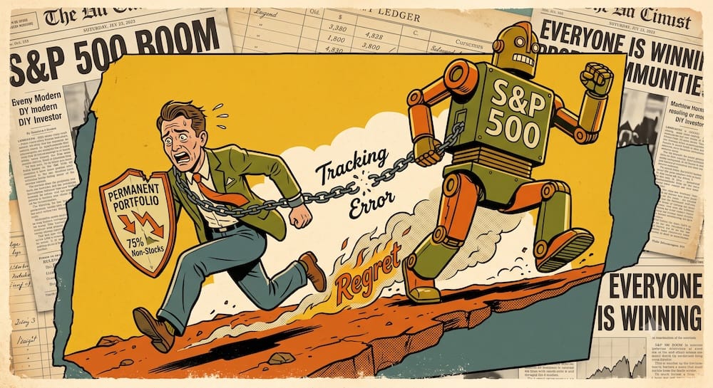 Permanent Portfolio Tracking Error Regret: The Psychology of Lagging the Market A modern DIY investor in chains being dragged by a colossal upward-marching mechanical benchmark figure labeled 'S&P 500'. The investor holds a broken shield labeled 'Permanent Portfolio' with arrows pointing down and '75% Non-Stocks' visible.