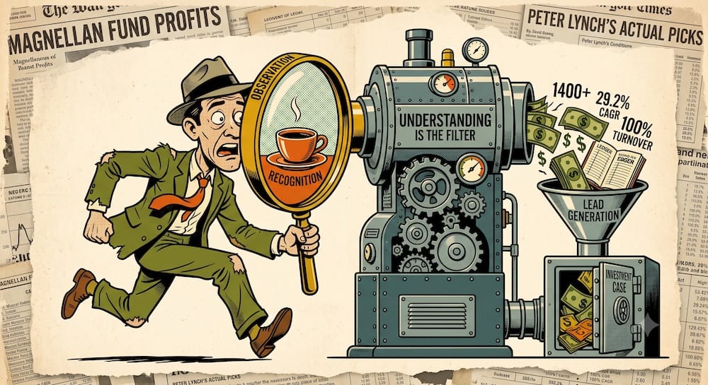 Peter Lynch Magellan Fund CAGR Turnover Research Funnel Concept Retro Illustration A frantic DIY investor caricature uses a giant magnifying glass labeled 'OBSERVATION' to look at a small 'RECOGNITION' coffee cup. The lens feeds into a large, detailed machine marked 'UNDERSTANDING IS THE FILTER', which converts the input into dollar signs and accurate financial data like '1400+', '29.2% CAGR', and '100% TURNOVER'.