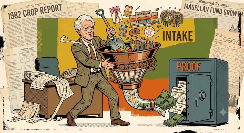 The Peter Lynch Research Funnel: Converting Observations into Investment Proof Peter Lynch vigorously shovels raw consumer products and observations labeled 'INTAKE' into a large, mechanical research funnel. The funnel filters the items, transforming them into structured financial data, balance sheets, and cash flow numbers that pour into a vault marked 'PROOF'