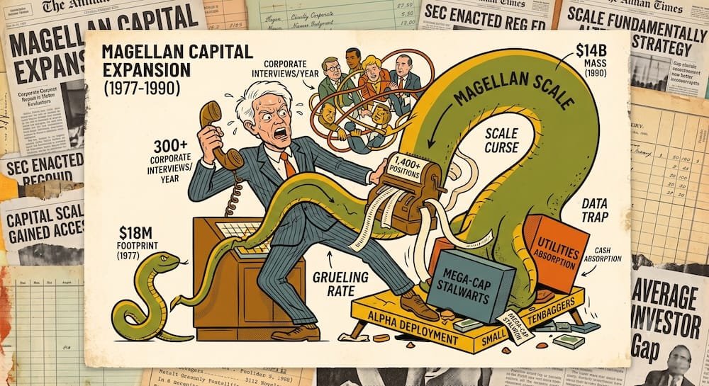 Expansión de capital de Magellan: Cómo el crecimiento masivo de activos afectó el despliegue de Lynch Un gerente corporativo asustado lidiando con una serpiente verde gigante que representa la maldición de escala de Magellan mientras pasa de dieciocho millones de dólares a catorce mil millones.