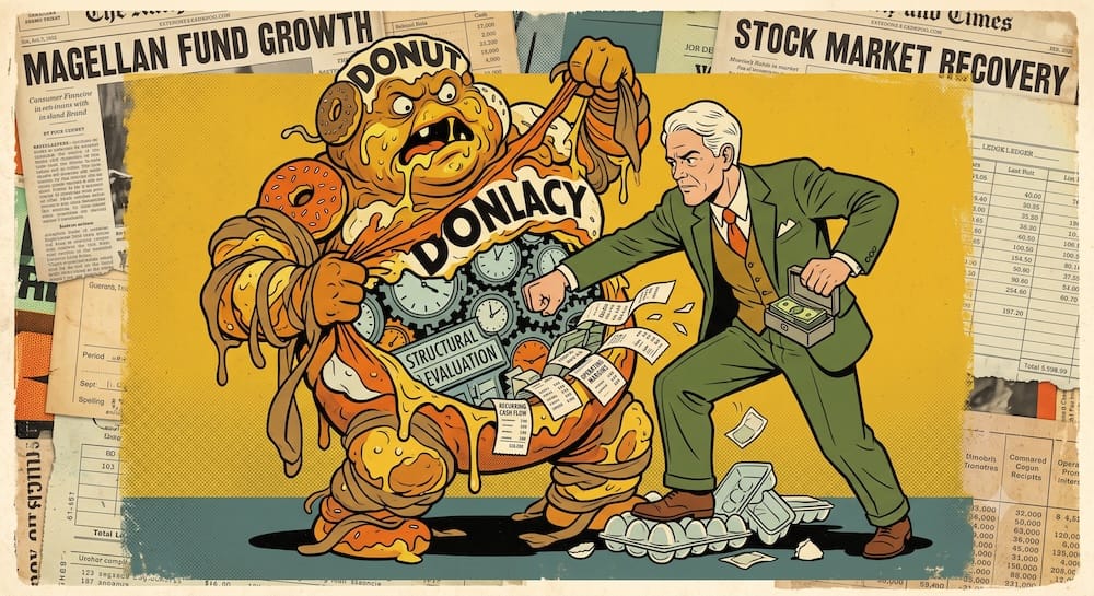 Peter Lynch Magellan Fund Donut Fallacy Monster Structural Evaluation Concept Cartoon Peter Lynch, with precise outlines and defined features, is physically ripping apart a monstrous personification of the 'DONUT FALLACY' monster, made of donuts and L'eggs eggs. The action exposes complex gears and a numerical grid labeled 'STRUCTURAL EVALUATION'.