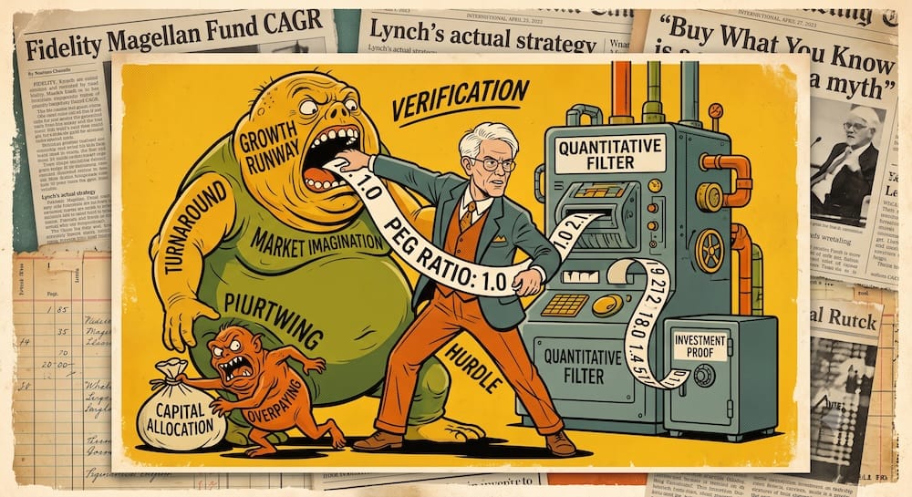Peter Lynch Magellan Fund Quantitative Audit PEG Ratio Verification Concept Illustration Peter Lynch with precise ink outlines physically wrestles a huge corporate jargon monster to pull out a numerical 'PEG RATIO: 1.0' ticker tape. He processes the number through a complex industrial 'Quantitative Filter' machine feeding into an 'Investment Proof' safe.