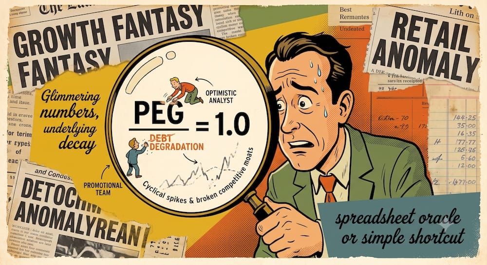 Auditoría del ratio PEG de Peter Lynch: Midiendo la realidad del crecimiento frente a la fantasía de las proyecciones Un inversor angustiado, con la cara pegada a una lupa gigante. Adentro, figuras de caricaturas etiquetadas como 'Equipo Promocional' y 'Analista Optimista' están borrando las advertencias de 'DEUDA' y 'DEGRADACIÓN' debajo de una fórmula grande y simple: 'PEG = 1.0'.