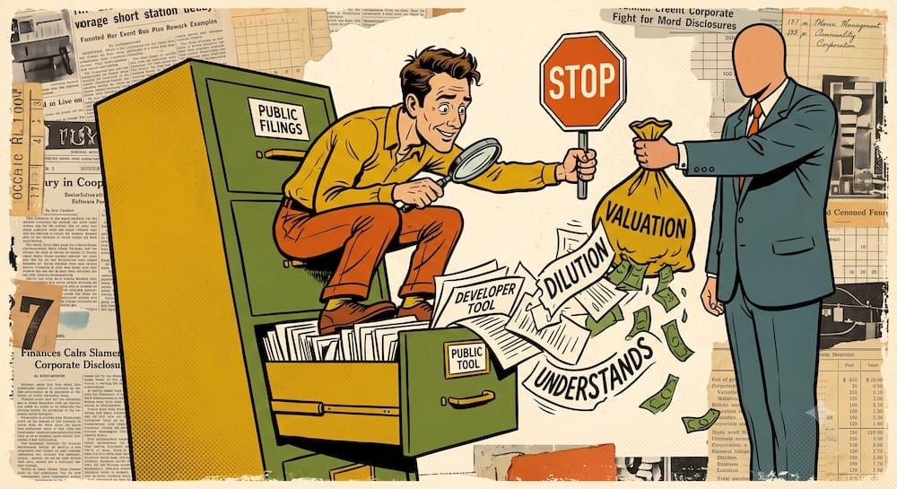 Software Engineer Caricature Investigating Developer Tool Leads and Halting Corporate Dilution Conceptual Illustration A software engineer caricature with a magnifying glass investigates developer tools labeled 'UNDERSTANDS', perched on a filing cabinet marked 'PUBLIC FILINGS'. He uses a stop sign to halt a corporate manager figure attempting to hand him a bag labeled 'DILUTION'.