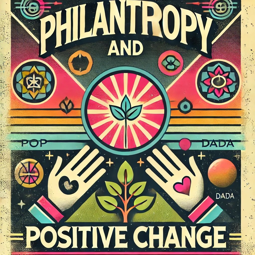 Philanthropy and Positive Change circle of hands for community support, radiant sun for hope and flourishing tree for growth celebrating spirit of generosity and societal progress