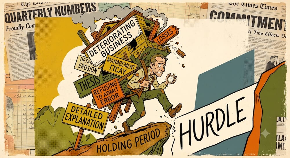 Philip Fisher: The Asymmetric Burden of Proof on Holding or Selling a Stock An investor with an anxious caricature face struggles to leap over a large hurdle, carrying a collapsing structure labeled 'DETERIORATING BUSINESS' and various heavy signs like 'MANAGEMENT EROSION' and 'THESIS DECAY.' This scene visualizes the financial danger of misapplying Philip Fisher's 'almost never sell' principle when the original investment thesis has failed, confusing mere time in the market with genuine discipline.
