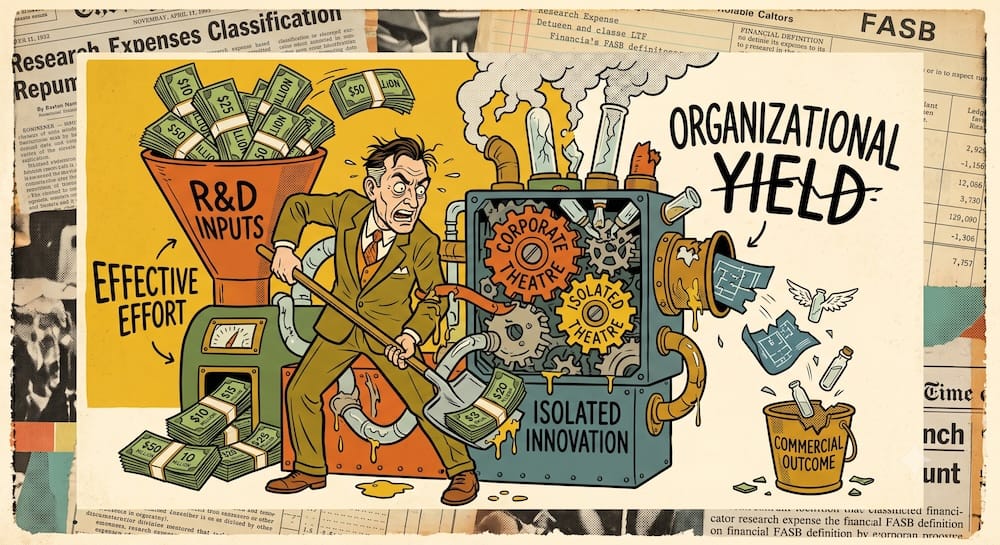 Conceptual visualization: A stressed corporate executive frantically shoveling cash into a broken 'R&D INPUTS' hopper. The machine, marked 'CORPORATE THEATRE' and 'ISOLATED INNOVATION', is tangled and leaking. Small, broken vials drop into an empty 'COMMERCIAL OUTCOME' bucket, representing the lack of organizational yield from large research expenditures. Text phrases include 'ORGANIZATIONAL YIELD' (broken) and 'EFFECTIVE EFFORT'.