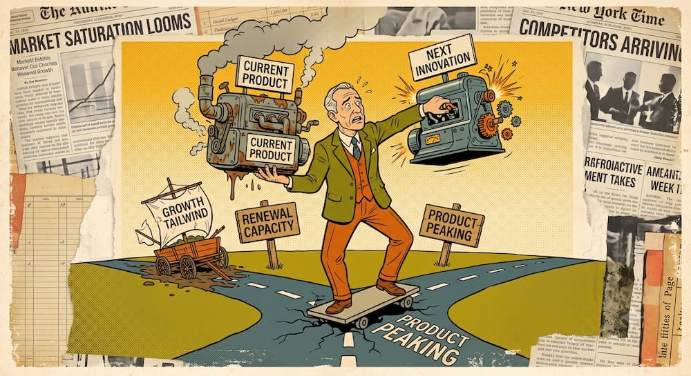 Conceptual visualization: An industrialist desperately balances two competing oversized engines. One, labeled 'CURRENT PRODUCT', is leaking steam and smoking; the other, labeled 'NEXT INNOVATION', is generating gears and sparks. Embedded text phrases 'RENEWAL CAPACITY' and 'PRODUCT PEAKING' highlight the struggle between short-term sales success and long-term relevance. A wagon with broken sails labeled 'GROWTH TAILWIND' is stuck nearby, representing passive reliance on industry trends.