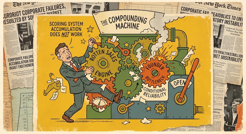 Conceptual visualization: A distressed business executive struggles with a large mechanical device labeled 'The Compounding Machine.' The machine is broken, with smoking gears named 'Rotten Sales Engine' and 'Founder Bottleneck.' Hand-drawn phrases like 'SCORING SYSTEM ACCUMULATION DOES NOT WORK' and 'CONDITIONAL RELIABILITY' frame the central action, illustrating how structural weaknesses prevent long-term compounding despite other strengths.