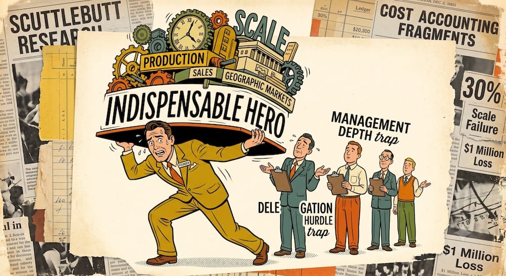 An overwhelmed 'Indispensable Hero' business leader single-handedly holding up a precarious stack of 'Scale' departments, including 'Production' and 'Sales.' He is bottlenecking the organization. Behind him, a line of shrugging subordinates is labeled the 'Management Depth trap' and 'Delegation Hurdle,' representing Philip Fisher's organizational research method. Collage of vintage financial papers creates the background framing.