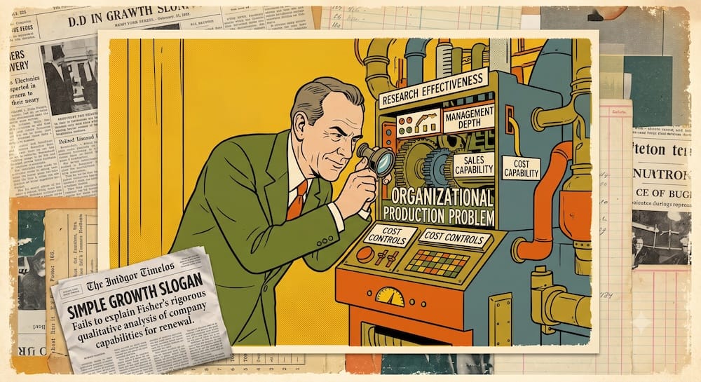 Philip Fisher's Organizational Analysis Framework for Durable Corporate Growth Philip Fisher qualitative analysis visualized: An investor with a magnifying glass inspects the internal gears of a 'growth machine'. The machine’s components are labeled 'Research Effectiveness', 'Management Depth', 'Sales Capability', and 'Cost Controls', representing Fisher's organizational production framework for durable corporate growth as described in Common Stocks and Uncommon Profits.