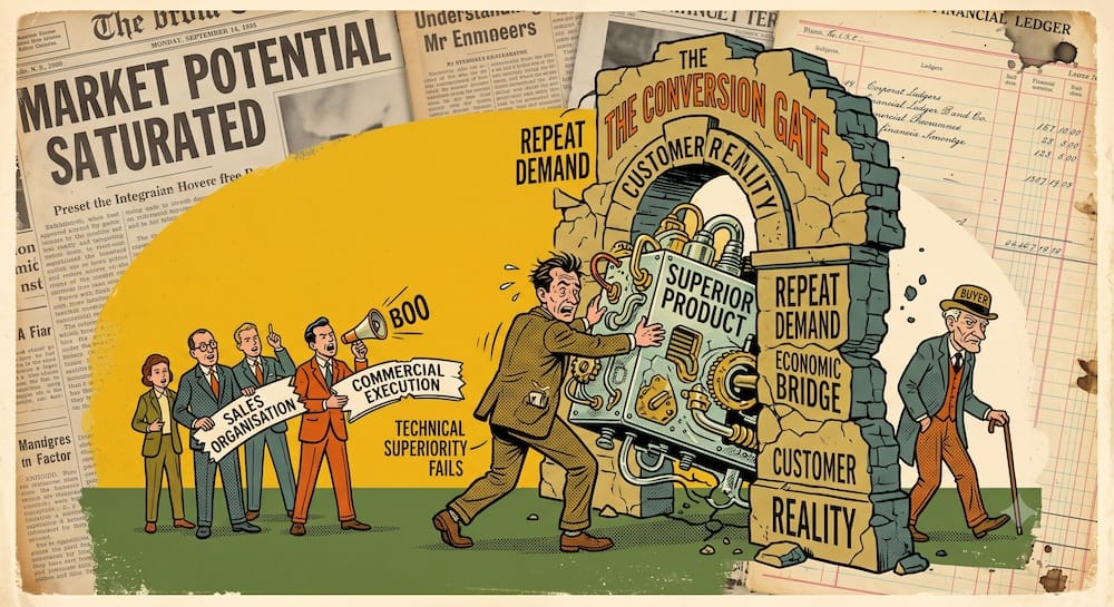 An inventor struggles to push a machine labeled 'SUPERIOR PRODUCT' through a narrow 'THE CONVERSION GATE.' Corporate salespeople yell from one side, while a skeptical buyer on the other walks away unbothered. Integrated text reads 'REPEAT DEMAND,' 'ECONOMIC BRIDGE,' and 'TECHNICAL SUPERIORITY FAILS,' illustrating Philip Fisher's fourth point on sales capabilities.