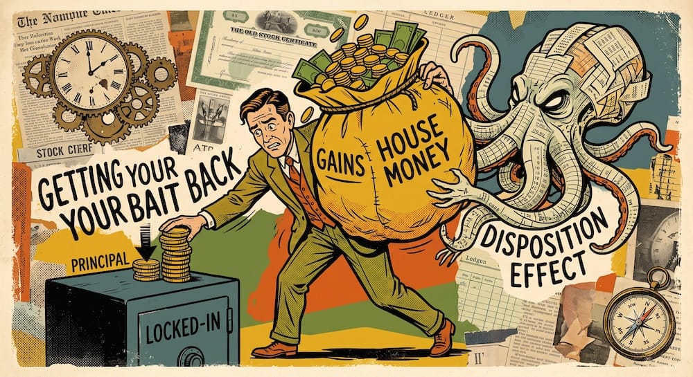 Philip Fisher and the Disposition Effect: Why Selling Winners to Get Your Bait Back Destroys Long-Term Portfolio Compounding The disposition effect shown as a worried investor locking a small pile of principal coins in a safe, while a giant octopus labeled disposition effect grabs his massive sack of house money gains, showing the bias of selling winning stocks too early.