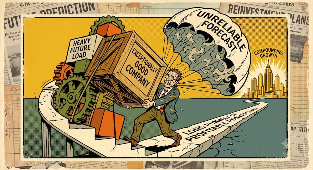 Philip Fisher’s investment strategy depicted as a strained man pushing a heavy wooden crate labeled “EXCEPTIONALLY GOOD COMPANY” and “HEAVY FUTURE LOAD,” while tethered to a failing parachute labeled “UNRELIABLE FORECAST,” visualizing the risk placed on uncertain future forecasts when relying solely on quality over valuation.