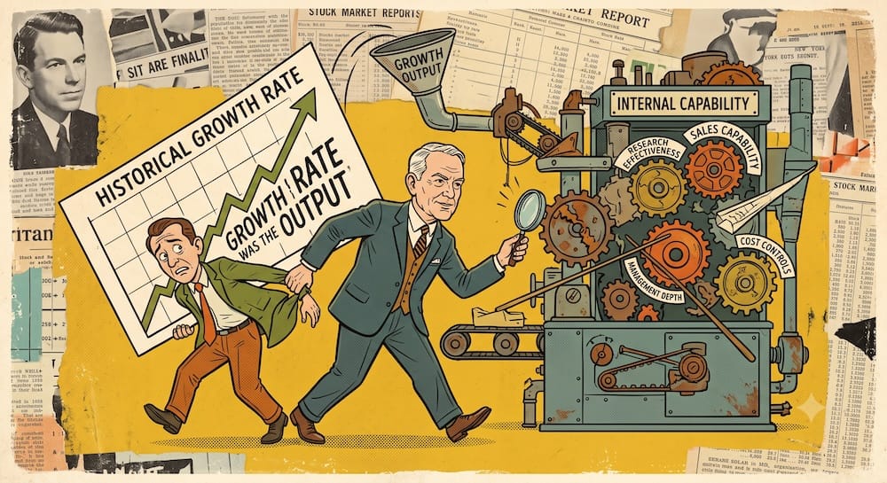 Philip Fisher's Growth Output Versus Internal Capability Analysis Philip Fisher qualitative analysis visualized: An investor pulls a colleague away from an upward-trending chart labeled "Historical Growth Rate" to inspect an "Internal Capability" machine with gears labeled "Research Effectiveness," "Sales Capability," "Management Depth," and "Cost Controls." This represents assessing the organizational systems that produce sustainable growth rather than simply relying on historical financial outputs.