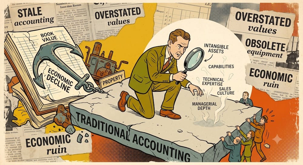 Philip Fisher investor character is depicted kneeling on a collapsing accounting platform, actively peering through a large magnifying glass at abstract, shadowy figures labeled 'INTANGIBLE ASSETS,' 'CAPABILITIES,' and 'MANAGERIAL DEPTH,' while ignoring a decaying massive traditional book value ledger labeled 'ECONOMIC DECLINE,' illustrating the qualitative versus quantitative information problem.