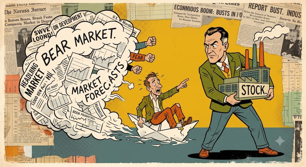 Philip Fisher on Market Forecasts: The Psychological Danger of Selling Your Exceptional Stocks to Avoid a Predicted Bear Market Philip Fisher market forecasts warning shown as a calm investor holding a secure factory labeled STOCK while a panicked man on a paper boat flees a dark storm cloud labeled BEAR MARKET, showing the trap of trading great businesses based on macro noise.