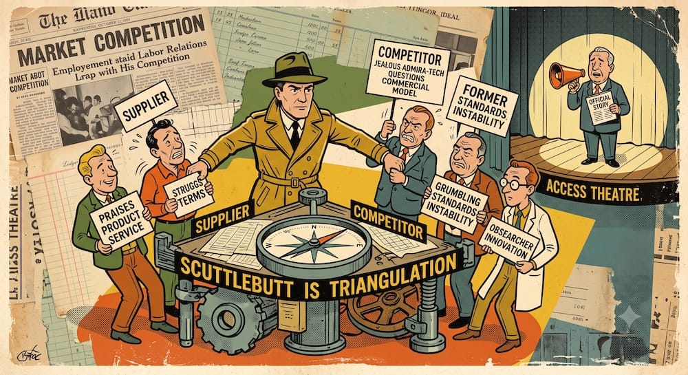 Philip Fisher's Scuttlebutt Triangulation Versus Corporate Access Theatre Philip Fisher scuttlebutt method visualized: An investigator stands over a compass table labeled "Scuttlebutt is Triangulation," balancing conflicting feedback from a customer, supplier, competitor, and researcher. In the background, an executive under a spotlight on a stage labeled "Access Theatre" reads an "Official Story" through a megaphone, illustrating the power of independent corporate corroboration over unverified management access.