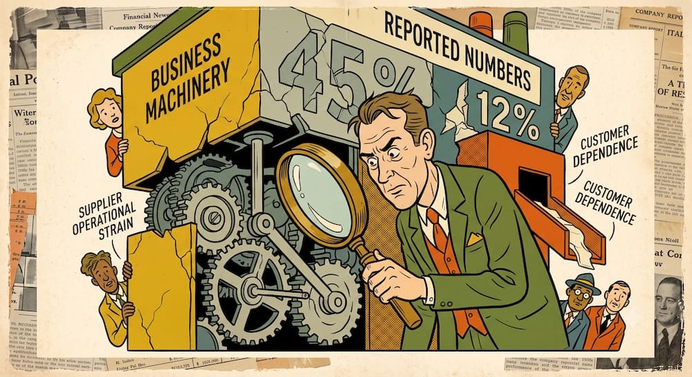 Philip Fisher Scuttlebutt Investigation of Operating Realities and Business Machinery Behind Financial Statements Philip Fisher scuttlebutt method investigating the machinery of a business. An analyst uses a magnifying glass to inspect internal gears labeled Business Machinery behind a broken facade showing reported numbers 45% and 12%, revealing truths about Supplier Operational Strain and Customer Dependence.