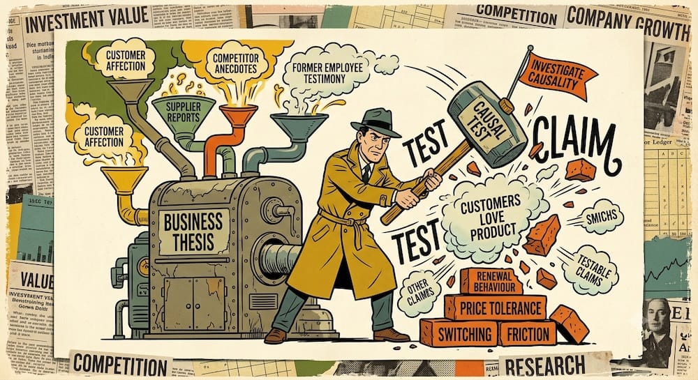 Testing Philip Fisher’s Qualitative Scuttlebutt Claims Against Hard Operating Realities and Business Thesis Hypotheses Philip Fisher’s scuttlebutt method of testing a business thesis. An analyst uses a large mallet labeled Causal Test to shatter a cloud labeled Customers Love Product, revealing concrete operating realities like Switching Friction, Price Tolerance, and Renewal Behaviour.