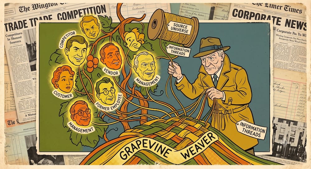 Detective Investor Weaves Philip Fisher’s Representative Cross-Section of Scuttlebutt Sources from Information Threads on the Grapevine Philip Fisher’s scuttlebutt method requires a diverse source universe. A detective investor operates a loom, weaving threads of information labeled Information Threads into a textile. Spools of thread are pulled from an intricate grapevine covered in caricatured faces of a competitor, customer, vendor, former employee, and management.