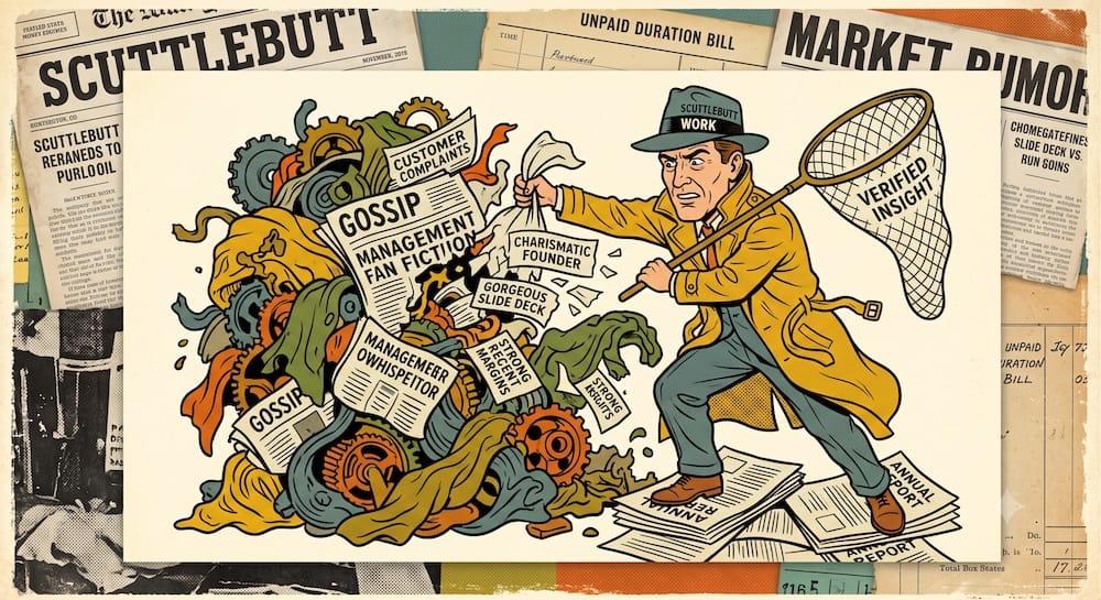 Philip Fisher depicted as a diligent investigative journalist caricature, aggressively wrestling a chaotic, monstrous mass labeled “GOSSIP” and “MANAGEMENT FAN FICTION” using a net labeled “VERIFIED INSIGHT,” visualizing the brutal work required to filter corporate narratives for genuine investment quality.