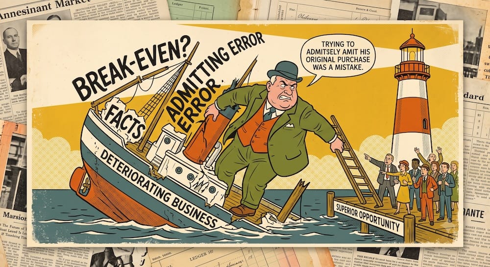 Philip Fisher Sunk Cost Fallacy: Overcoming the Psychological Trap of the Break Even Point and Admitting Portfolio Errors Philip Fisher investment mistakes shown as a stubborn investor clinging to a sinking ship named Deteriorating Business. The man ignores a ladder leading to a safe dock labeled Superior Opportunity, completely refusing to admit his purchase error.