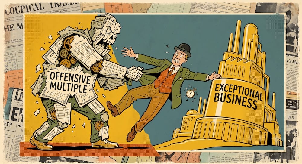 Philip Fisher Valuation Dilemma: Managing the Complex Reentry Problem of Selling an Exceptional Business Over an Offensive Multiple Philip Fisher valuation risk shown as a worried investor clinging to a golden factory labeled Exceptional Business while a giant ledger monster labeled Offensive Multiple drags him away, illustrating the trap of selling compounders based on price.