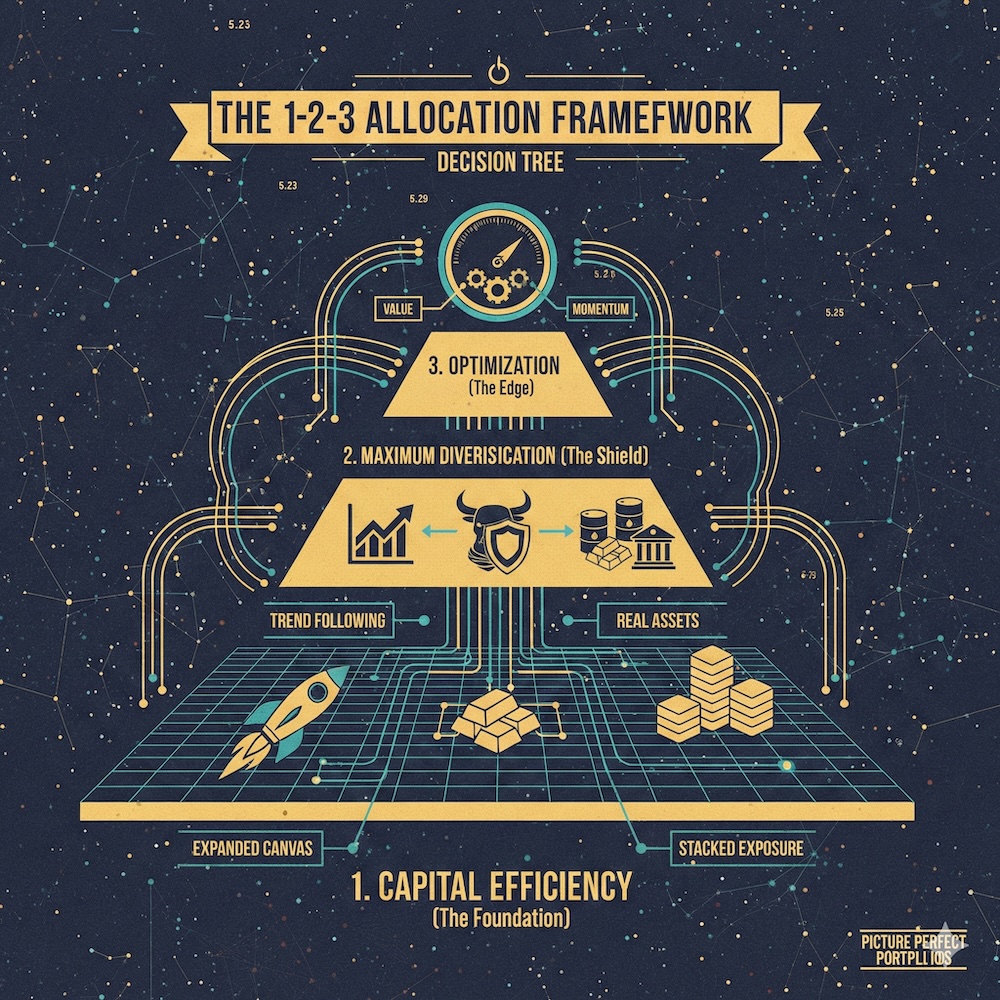 Retro-style infographic illustrating the Picture Perfect Portfolios "1-2-3 Allocation Framework" decision tree. A three-tiered pyramid structure shows the hierarchy of investment priorities: "1. Capital Efficiency (The Foundation)" at the base, highlighting "Expanded Canvas" and "Stacked Exposure"; "2. Maximum Diversification (The Shield)" in the middle, featuring "Trend Following" and "Real Assets"; and "3. Optimization (The Edge)" at the apex, focusing on "Value" and "Momentum" factors.