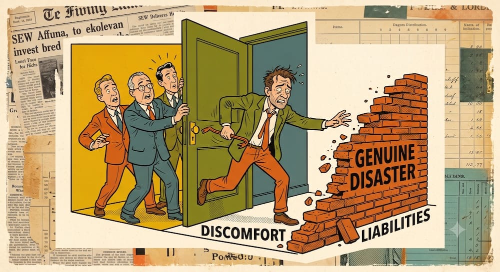 Diferenciando la incomodidad del mercado de una quiebra corporativa. Un inversor en valor en pánico con una palanca corre a través de una puerta abierta etiquetada INCOMODIDAD solo para chocar contra una pared de ladrillos colapsando marcada DESASTRE GENUINO y PASIVOS. Detrás de él, tres observadores preocupados miran desde la seguridad de la puerta, representando el peligro de asumir que la baratura es siempre una señal de compra.