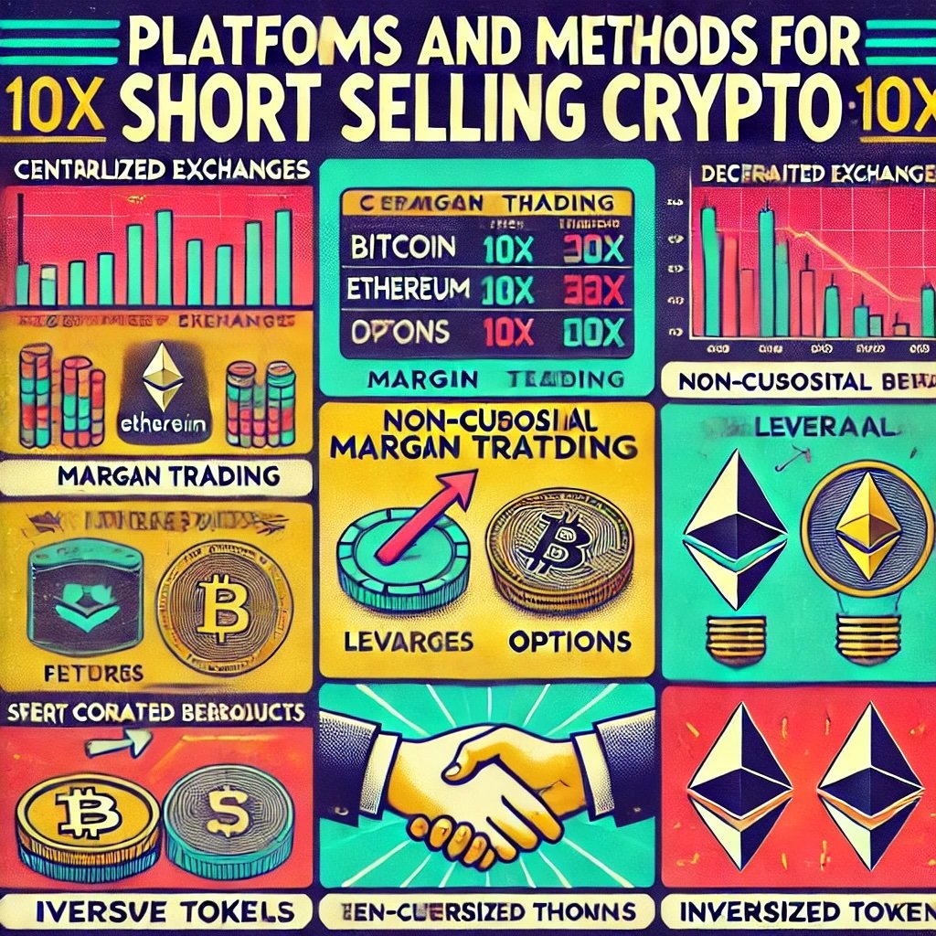 Platforms and Methods for Short Selling Crypto approaches centralized exchanges, decentralized exchanges, derivatives, peer-to-peer borrowing and tokenized short products. The retro-fade aesthetic emphasizes the futuristic yet accessible concept of navigating short-selling in a highly dynamic market. Each section focuses on key mechanics, from leveraging tools to ensuring liquidity, providing a comprehensive understanding of the crypto short-selling landscape. 