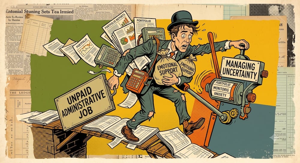 An anxious investor carrying a heavy sign reading 'UNPAID ADMINISTRATIVE JOB' and clutching money bags marked 'EMOTIONAL SUPPORT'. He walks across a bridge of ledger pages to pull a lever on a machine labeled 'MANAGING UNCERTAINTY', depicting how portfolio complexity turns into a stressful chore.