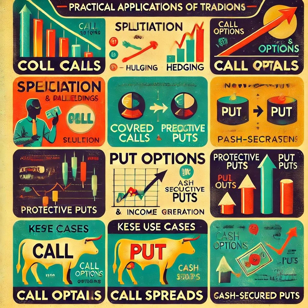 practical applications of call and put options, designed with a retro theme and highlighting use cases like speculation, hedging, and income generation