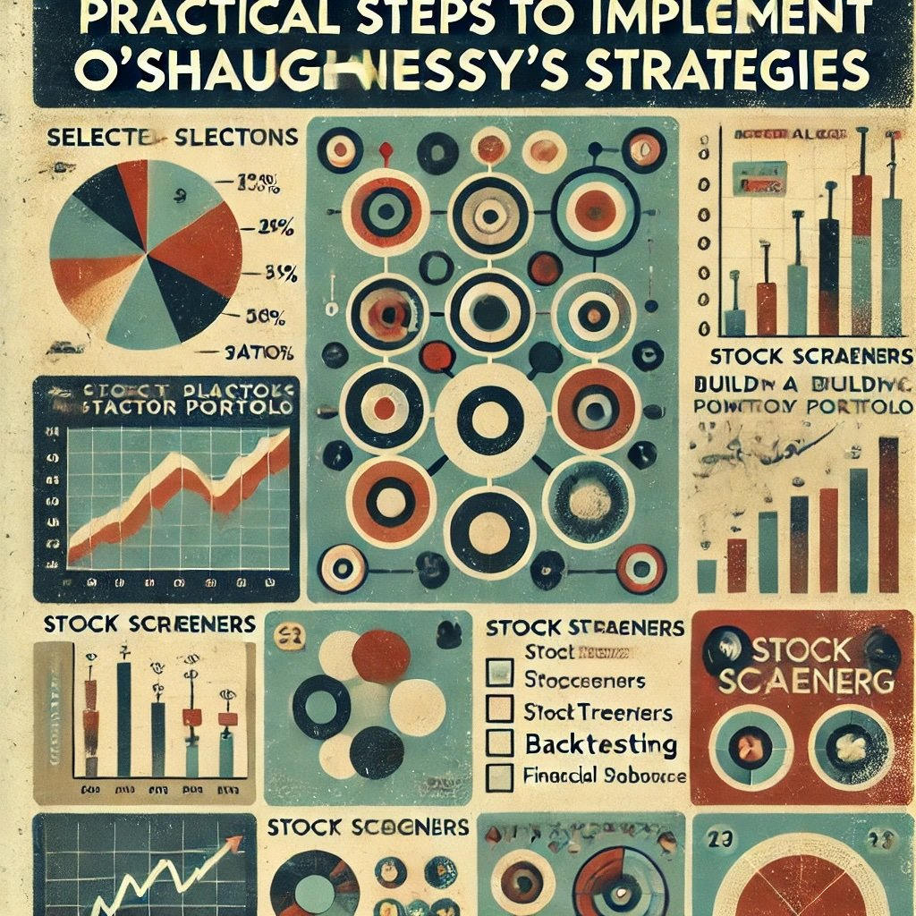 practical steps to implement O'Shaughnessy’s strategies in investing, featuring retro fade vibes and vintage colors. It includes elements like checklists, data charts, and tools for building a quantitative portfolio