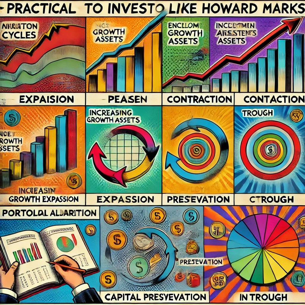 practical steps to invest like Howard Marks captures the phases of market cycles, portfolio adjustments, and continuous learning in a dynamic, engaging way