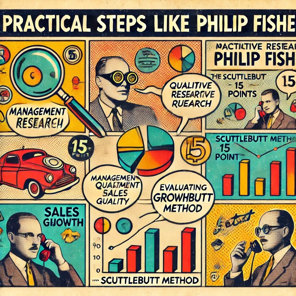 Practical Steps to Invest Like Philip Fisher" highlights key steps like qualitative research, the scuttlebutt method, and evaluating growth potential using Fisher’s 15 points