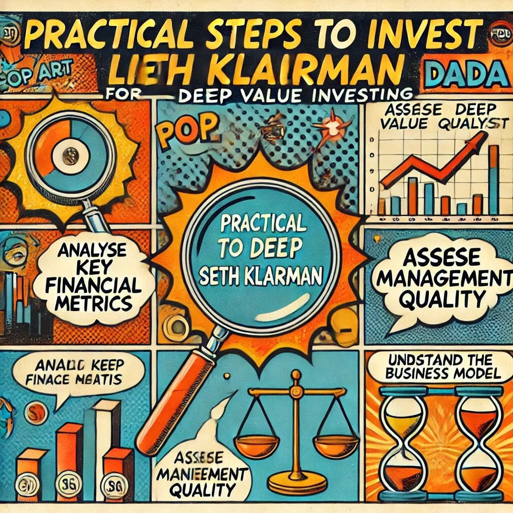 Practical Steps to Invest Like Seth Klarman showcasing key actions such as analyzing financial metrics, assessing management quality, and understanding business models