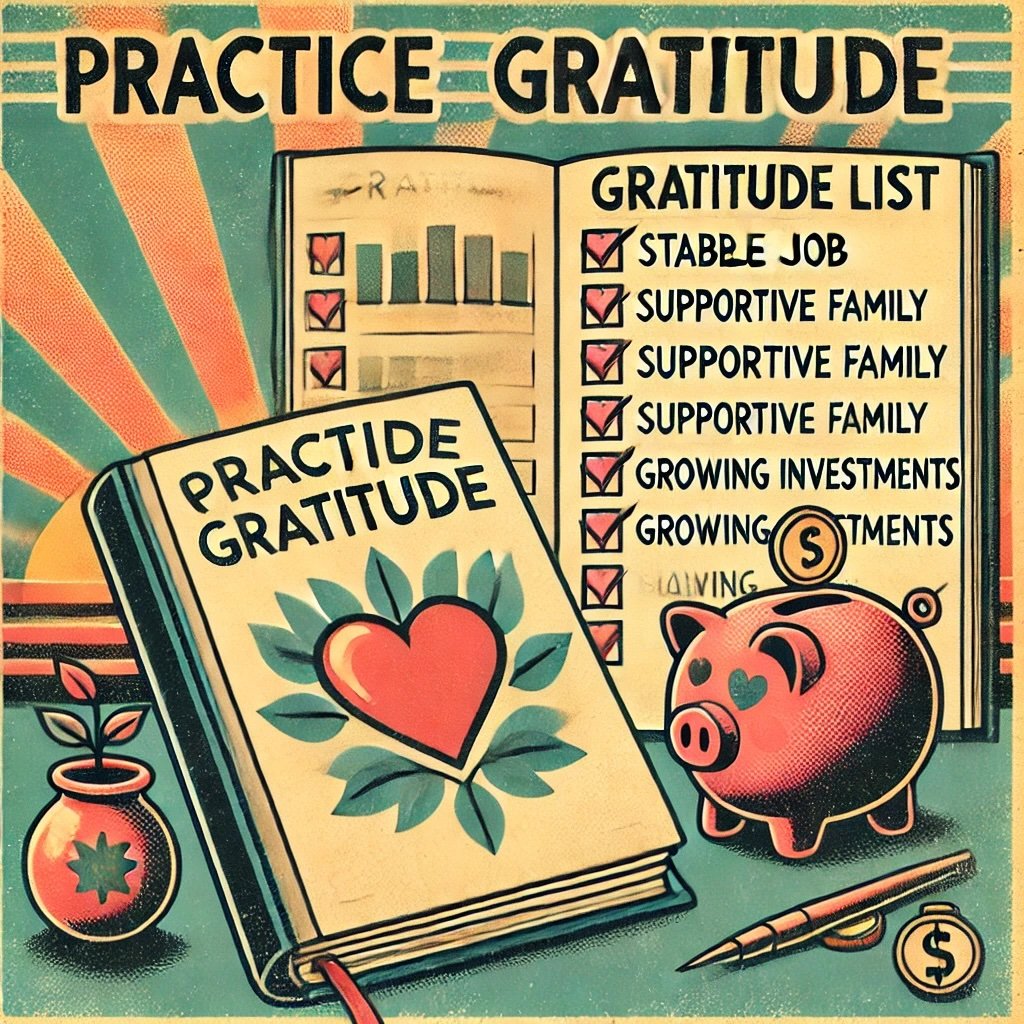 Practice Gratitude showcases a journal labeled Gratitude List, open to entries like Stable Job, Supportive Family, and Growing Investments